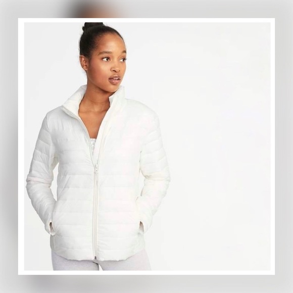 white packable puffer jacket